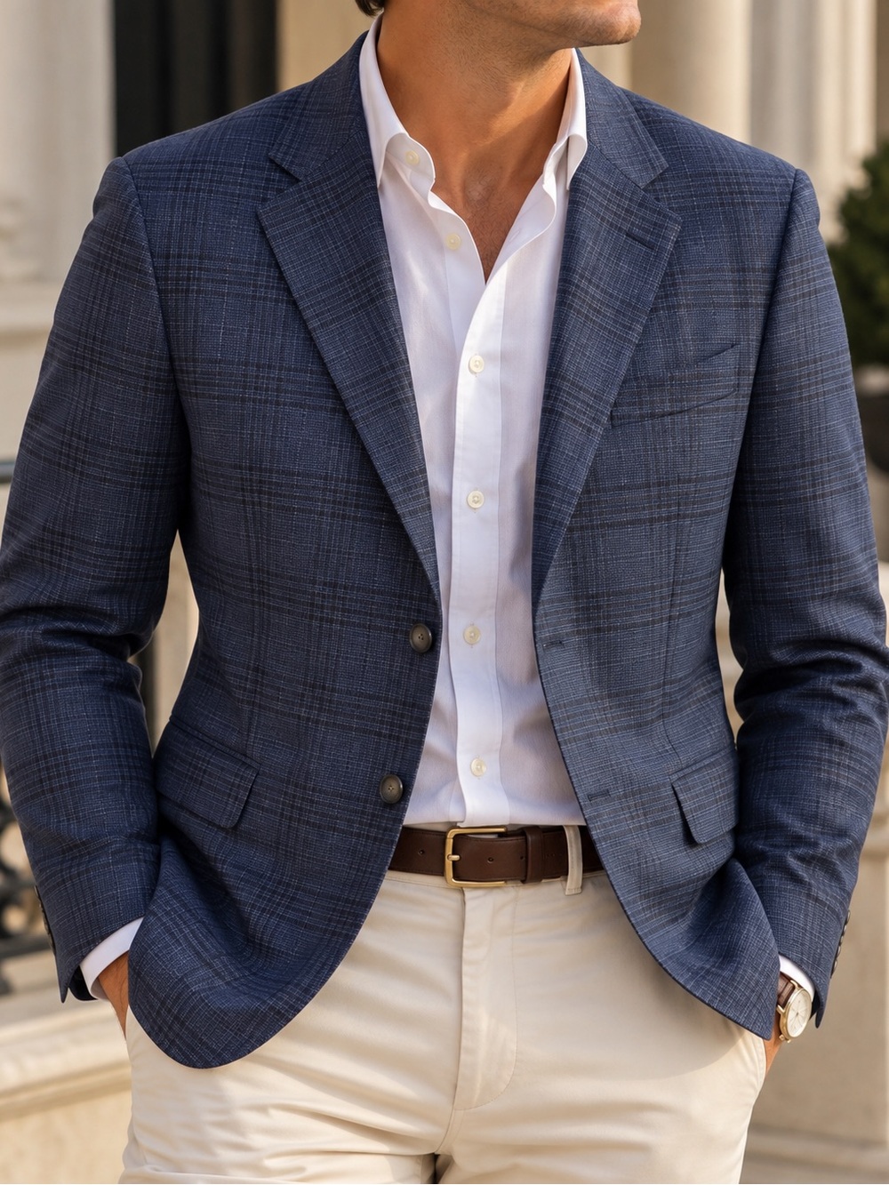 Jos. A Bank Traveler Men’s 44 Navy Blue Plaid Windowpane Wool Blend Blazer Coat